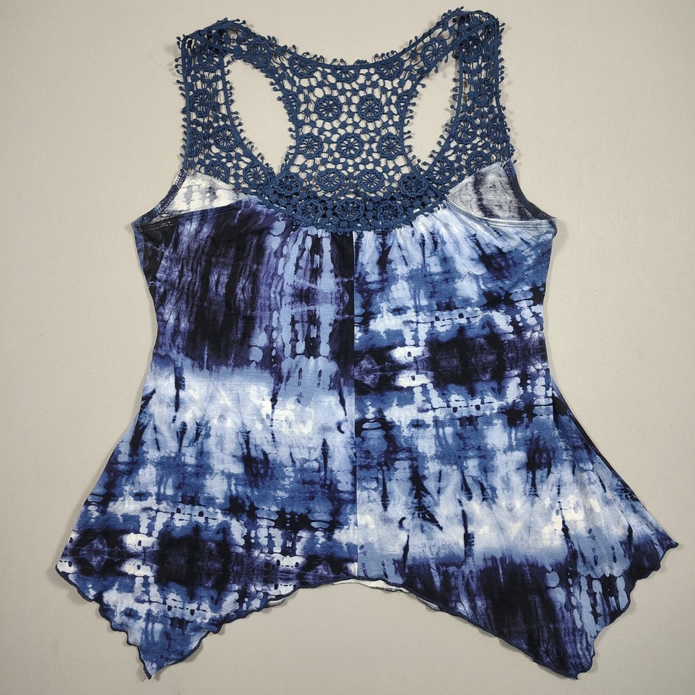 Venus Tank Top Women Small Blue Tie Dye Crochet Lace Handkerchief Hem Rayon - Picture 2 of 8